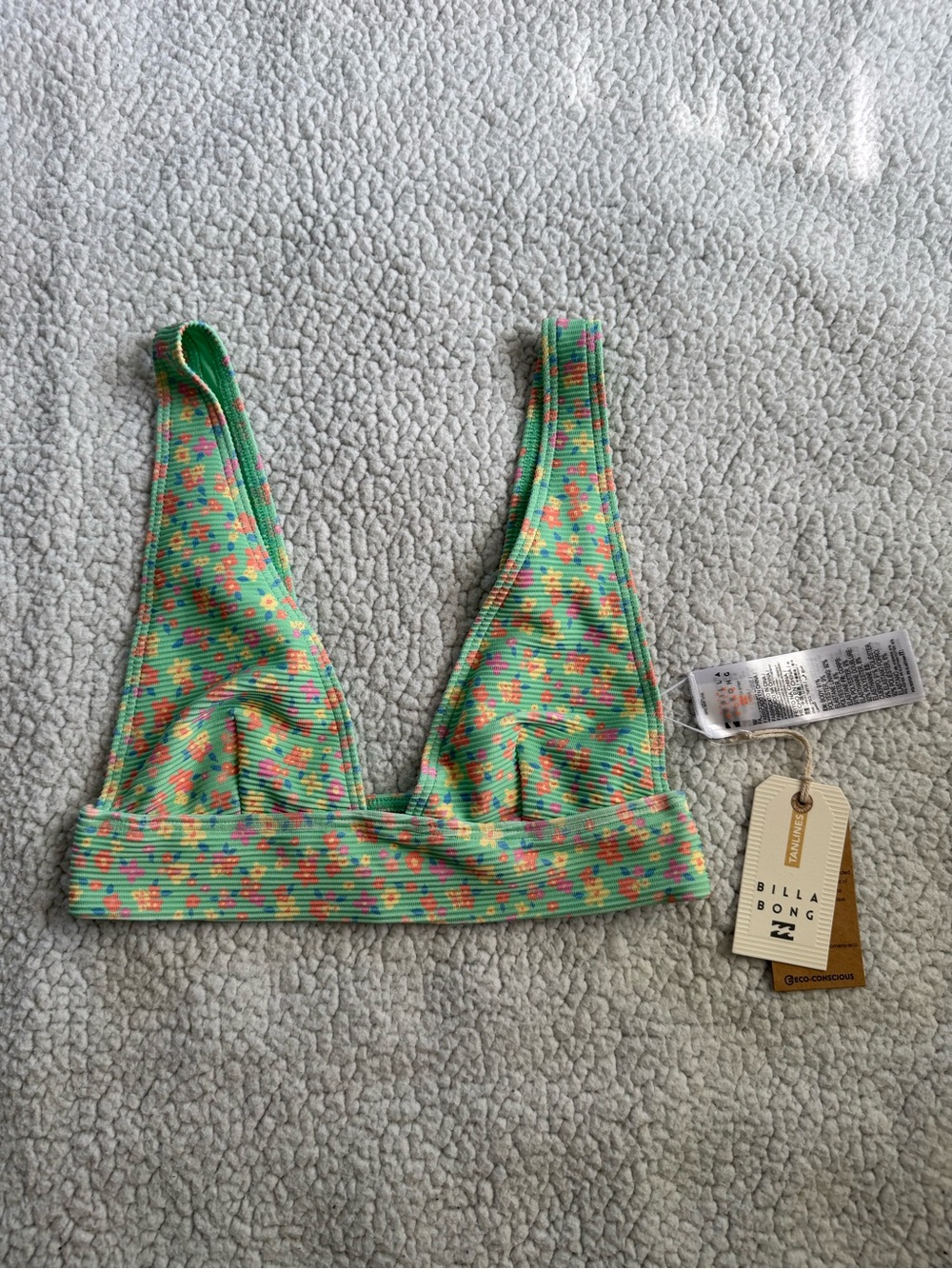 NWT Billabong Green Floral Ribbed V-Neck Bikini Top